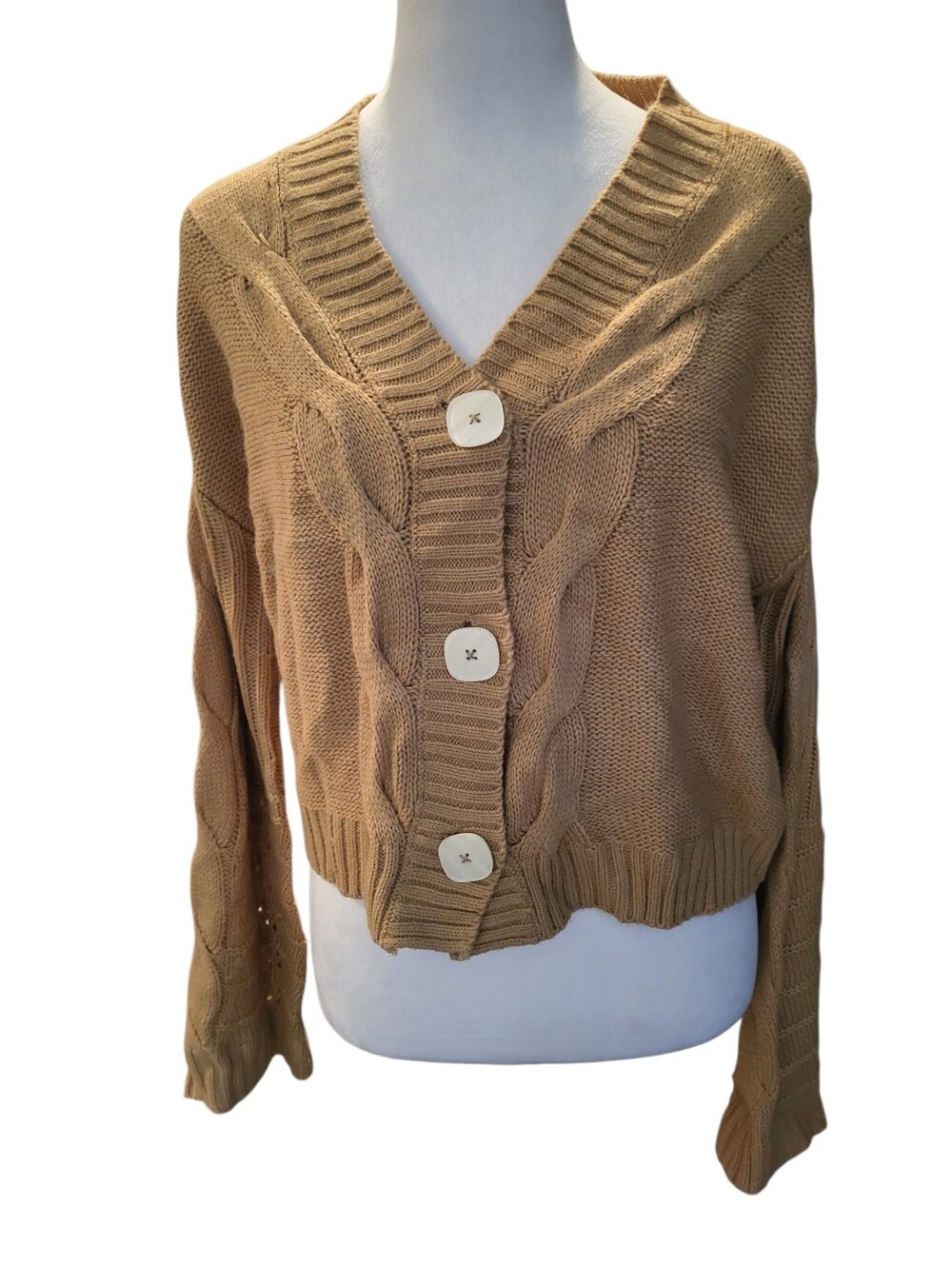 Full Circle Trends Classic Cable Knit V-Neck Cardigan Sweater - Brown sz S